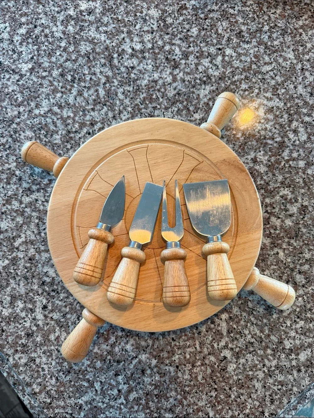 Nautical Ship Wheel Wooden Serving Board with serving utensils- Natural Wood